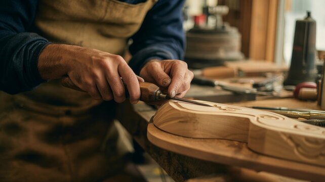 Artisan at Work: A skilled woodworker meticulously carves intricate details into a wooden sculpture, demonstrating dedication and mastery of his craft in a warmly lit workshop.