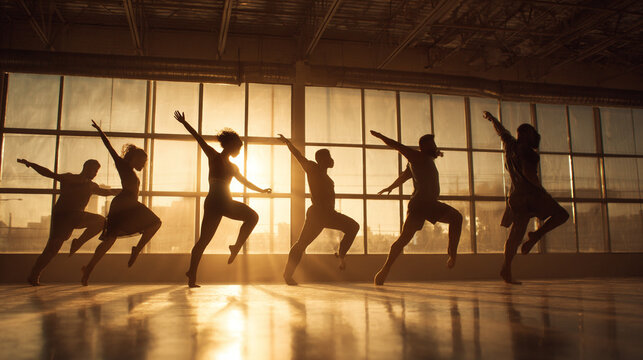 Diverse dance team moving in spacious urban studio with large windows. Concept of art, rhythm and self-expression