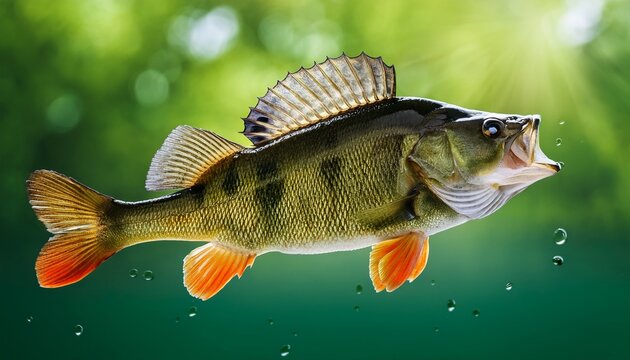 fishing trophy big freshwater perch in water on green background