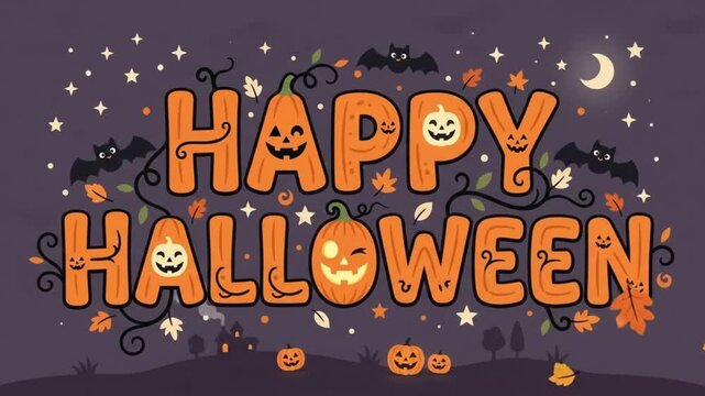Happy Halloween animated text with pumpkins, bats and falling leaves