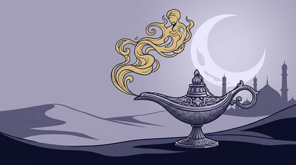 Fototapeta premium An ornate oil lamp with a wisp of golden smoke curling upward illustration - Fantasy style flat vector illustration