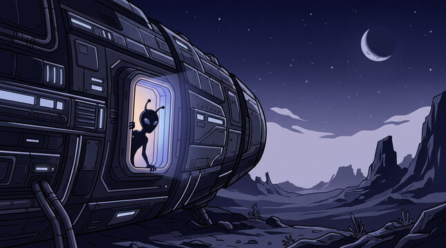 A small alien silhouette peeking from behind a glowing spacecraft hatch illustration - Fantasy style flat vector illustration