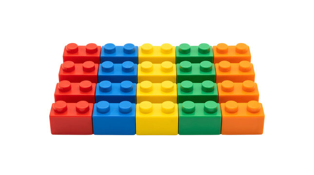 Colorful plastic building blocks in a grid, vibrant toy bricks for children, primary color construction blocks on white background