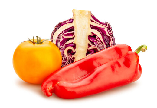 sliced red cabbage tomato pepper mix path isolated on white