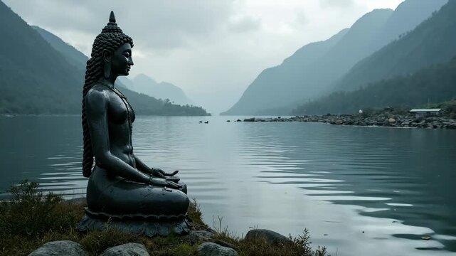 A peaceful Buddha statue sits in meditation beside a calm mountain lake, surrounded by misty hills and tranquil nature, embodying spiritual harmony and serenity.