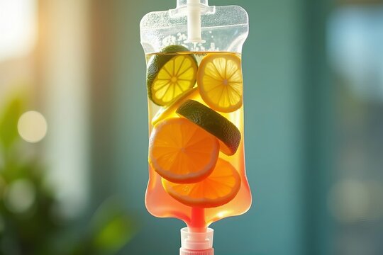 Close-Up of IV Drip Bag Filled with Vitamin-Packed Fruit Infusion, Featuring Bright Citrus Fruits like Lemon and Lime