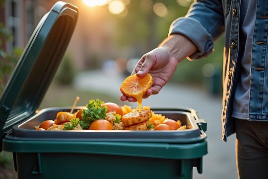 Man Discarding Leftover Food in Garbage Bin in Photo