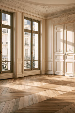 Detail of oak parquet in classic Parisian interior. Warm light glides across surface revealing natural wood texture