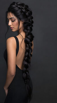 Braid presenting a magnificent voluminous French fishtail running down the back of a dark haired woman.