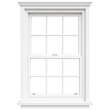 White double hung house window with grill pattern as isolated on transparent background