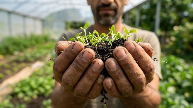 Hands hold dark fertile soil filled with young green sprouts inside a farm tunnel greenhouse.