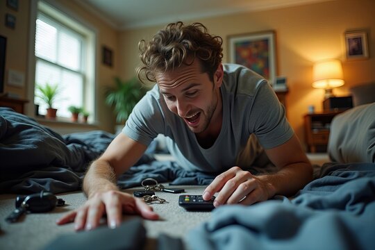 Chaos Ensues as Man Scrambles to Find Lost Keys in Cluttered Room, Tossing Clothes Aside and Accidentally Dropping Remote Control