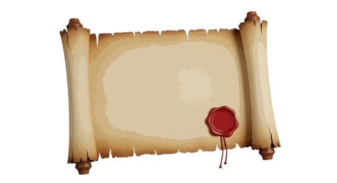 Vector illustration of old vintage paper scroll with red wax seal on a transparent background