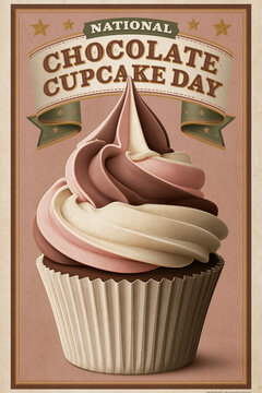 Retro National Chocolate Cupcake Day poster inspired by 1950s American bakery style. Vintage illustration with cupcake, typography and decorative elements for festive designs