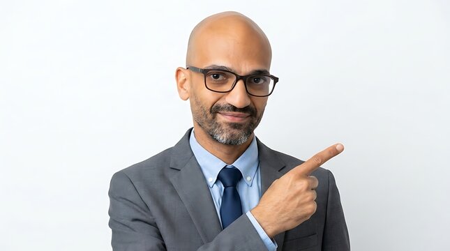 Professional man wearing a suit points his finger toward empty space.