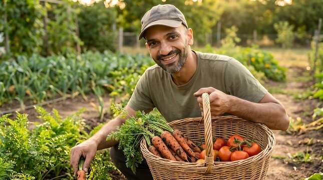 Farmer holds a basket of fresh vegetables while harvesting in a garden.