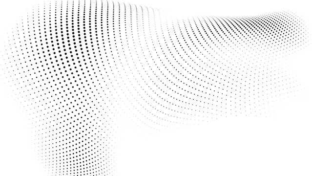 Abstract black halftone dot wave background with flowing particle pattern and modern digital texture