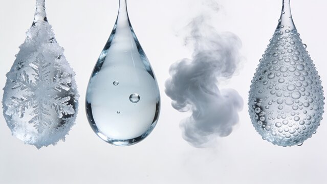 clean design showcasing four distinct water droplets arranged horizontally against a white background. Each droplet is uniquely textured, highlighting different characteristics of water. The first dro