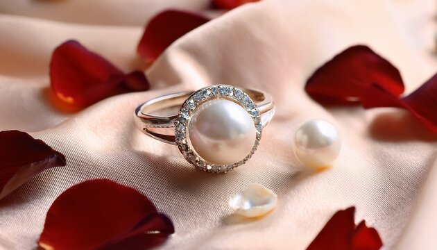 beautiful white gold ring featuring a large round white pearl nestled in a diamond pave swirl elegantly displayed on cream satin fabric with rose petals and loose pearls