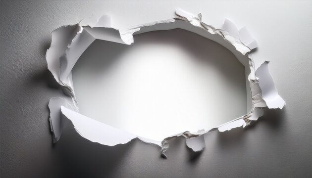 large torn paper window revealing white background with ragged edges and subtle shadows
