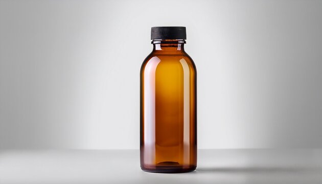 empty tall amber bottle mockup with plastic cap on an isolated background