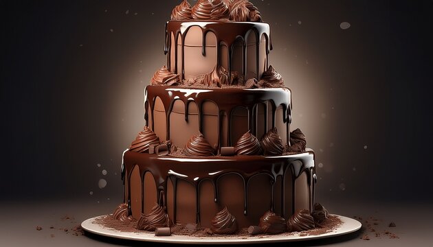 mouth watering 3 tier dark chocolate dripping tall cake on an isolated background