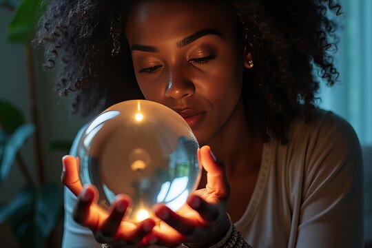 African American Woman Fortune Teller Peering into Crystal Ball, Illuminated by Mystical Light
