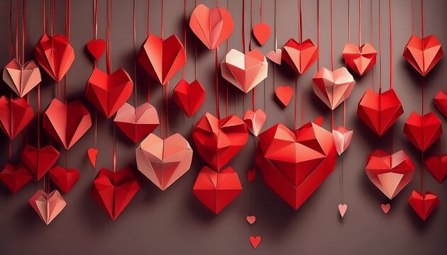 polygon origami red hearts hanging from the top isolated background