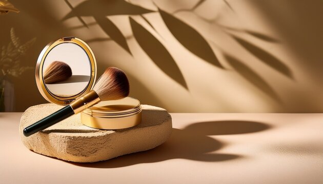 elegant gold compact powder with mirror and cosmetic makeup brush resting on a natural stone podium against a beige background with soft dappled sunlight and botanical shadows