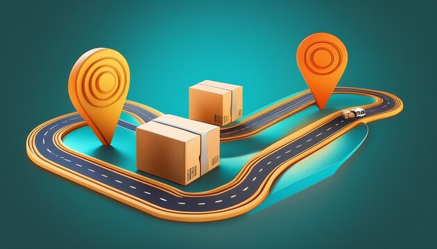 3d delivery tracking route with location pin parcel and checkpoint on curved modular path for ecommerce shipping logistics order status and landing page visual