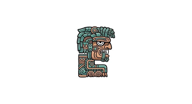 Stylized Aztec Warrior Icon with Fierce Expression and Ornate Headdress on White Background