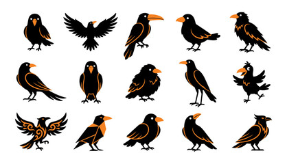 Naklejka premium A collection of various black crow icons designed for halloween featuring different poses and stylized artistic shapes for creative holiday graphic design