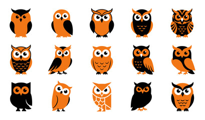 Obraz premium A collection of fifteen cute cartoon owl illustrations designed in orange and black colors for a fun and festive halloween holiday celebration