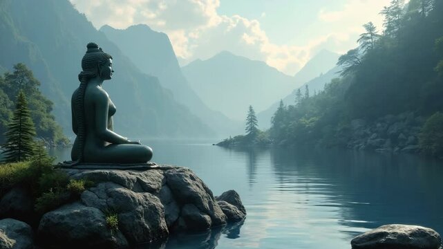 Lord shiva statue mountain river meditation.
