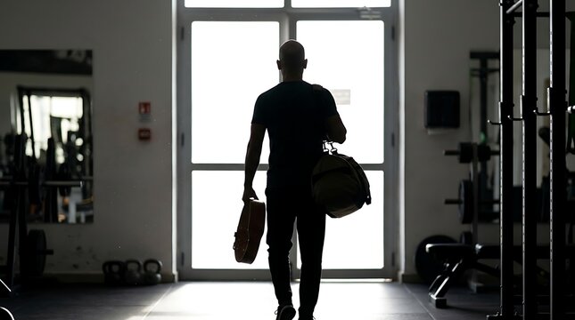 Athlete carrying a duffel bag walks toward bright glass doors inside a fitness center.