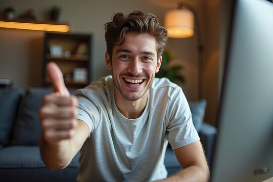 Young Man Smiling and Thumbs-Up in Online Video Conference on Desktop Computer at Home