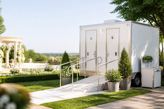 Elegant portable restroom trailer with accessible ramp, handwashing station and landscaped surroundings at an outdoor wedding venue.