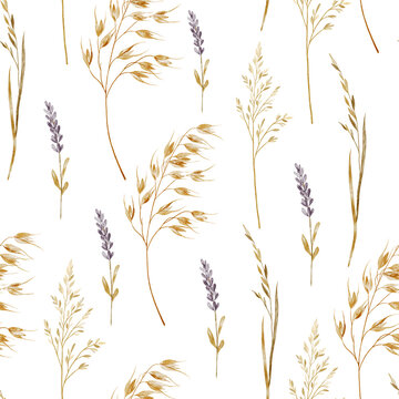 Watercolor seamless pattern of dried golden oats, wild grasses, and purple lavender sprigs on a white background. Rustic boho botanical texture