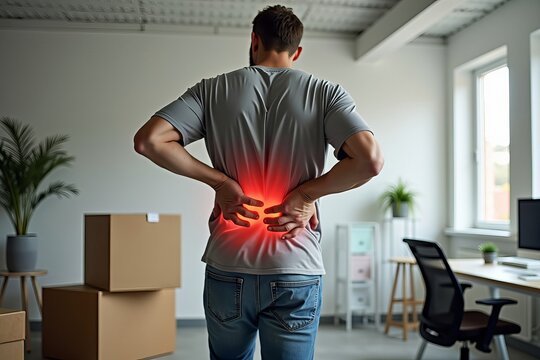 Office Worker Struggling to Lift Heavy Box, Experiencing Back Strain and Pain