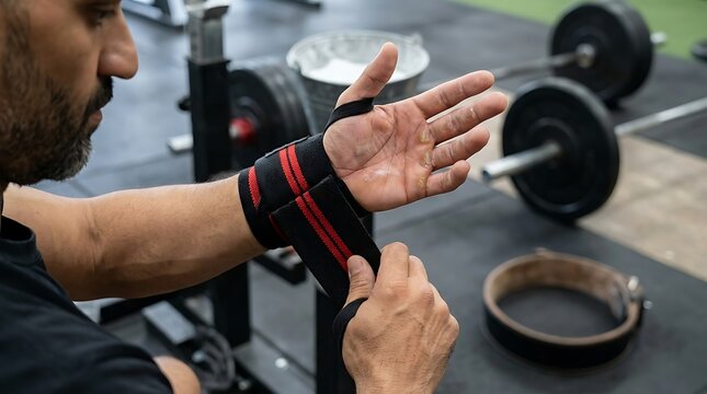 Man wraps a striped support strap around his wrist inside a fitness center.