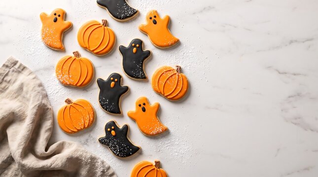 Halloween Ghost and Pumpkin Sugar Cookies on White Marble