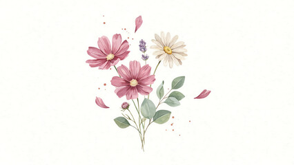 Fototapeta premium Watercolor bouquet of pink cosmos and white daisy flowers isolated on a transparent background