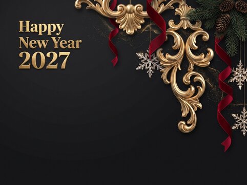 Elegant Happy New Year 2027 Greeting with Gold Baroque Decor