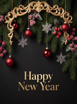 Elegant Happy New Year Greeting with Ornaments and Fir Branches