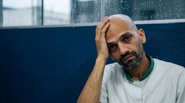 Medical worker looking thoughtful touches his head while standing by a window.