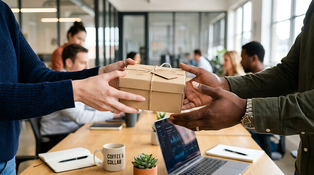 Diverse colleagues exchange a gift in a modern office, fostering connection and collaboration Diverse people exchanging gifts