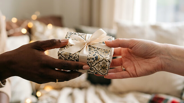 Diverse hands exchanging a beautifully wrapped gift symbolizing connection and generosity Diverse people exchanging gifts