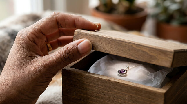 Close up of a hand opening a wooden box revealing a beautiful amethyst pendant necklace inside Diverse people exchanging gifts