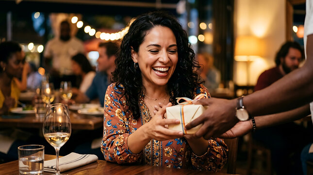 Diverse woman joyfully receives gift in a restaurant, celebrating human connection and generosity Diverse people exchanging gifts