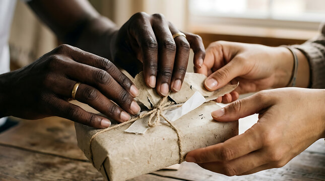 Diverse hands exchanging a wrapped gift, symbolizing connection and generosity Diverse people exchanging gifts